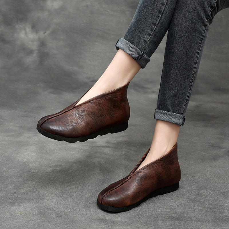 Women's Spring Retro Flat Cowhide Ankle Soft Heels