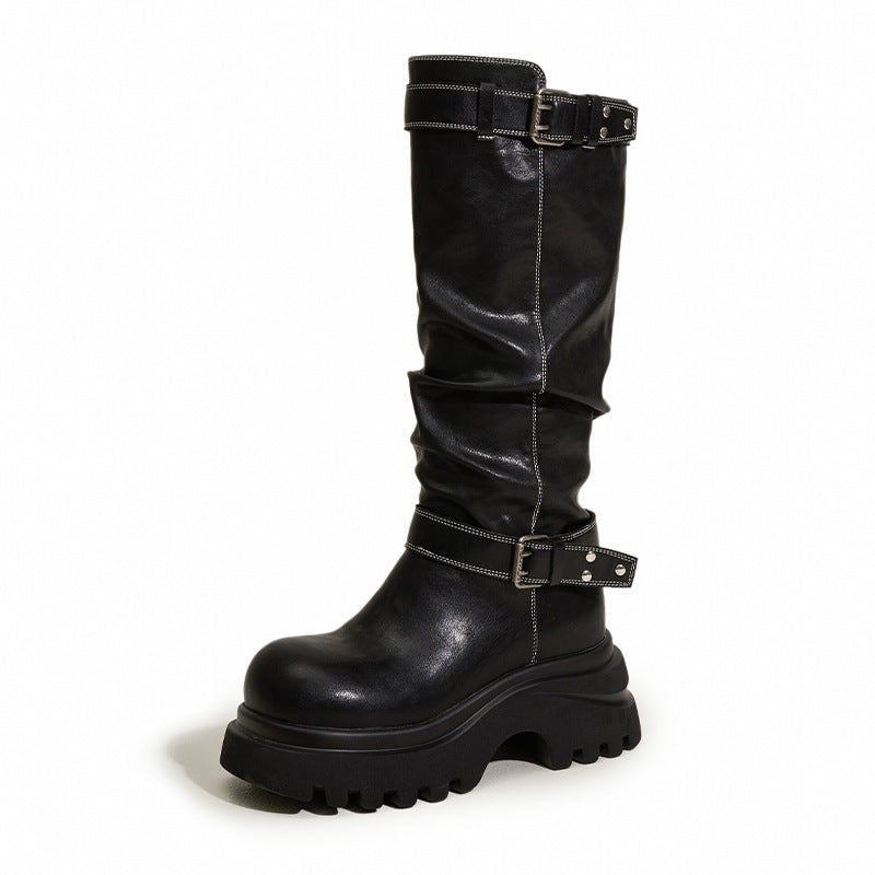 Women's Fleece-lined Warm High Leg Height Increasing Insole Women's Leather Boots