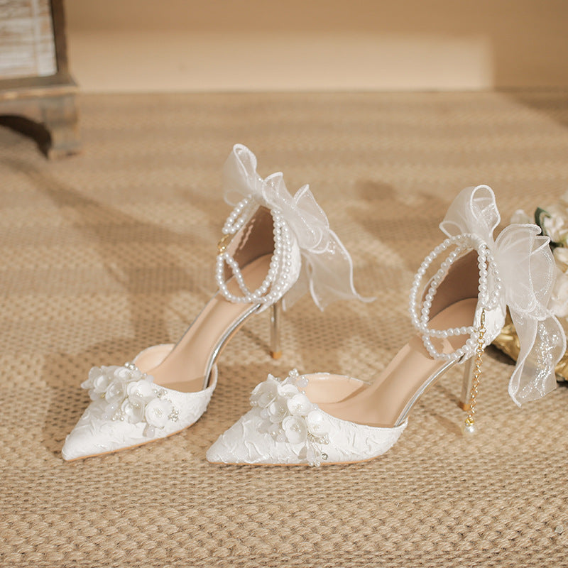Women's Pearl Chain Bowknot High Stiletto Pointed White Women's Fashion Shoes