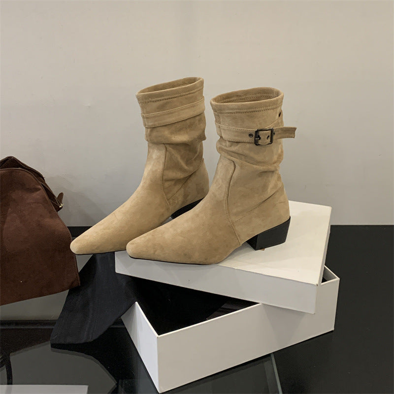 Women's With Skirt Thin Khaki Matte Suede Boots