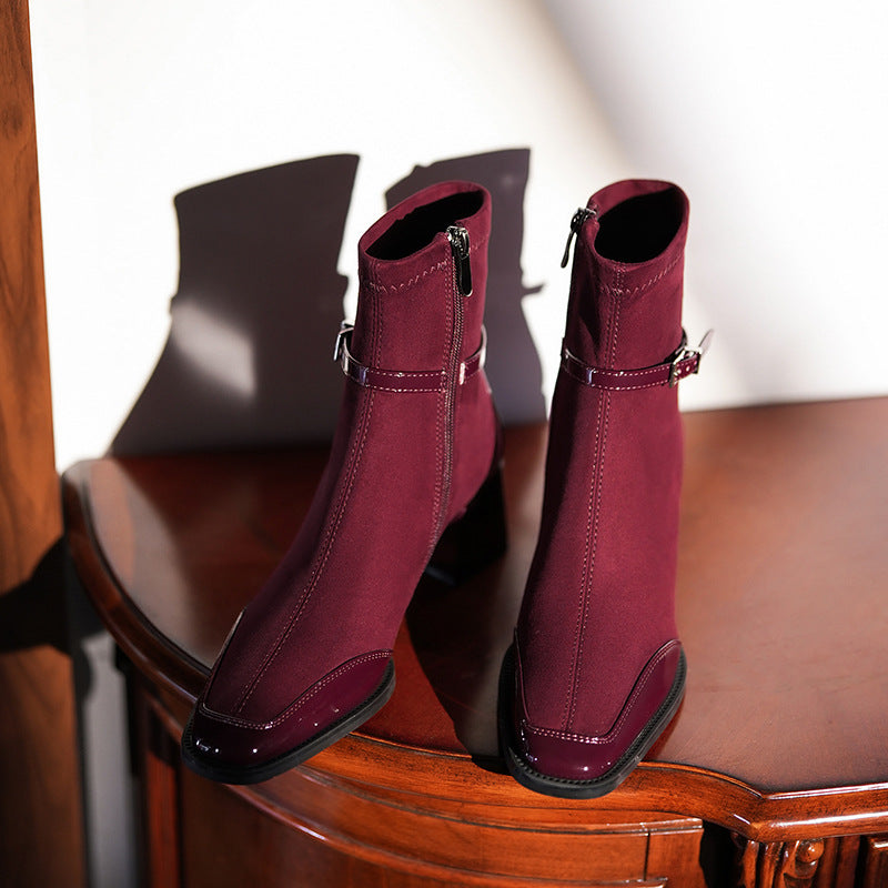 Women's Cashmere Stitching Square Toe Booties Chunky High Skinny Joker Women's Leather Boots