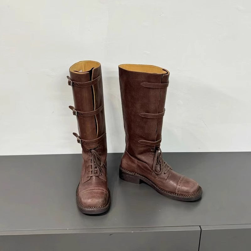 Large Size Retro British Martin Square Toe Laces High Women's Leather Boots