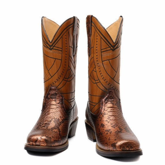 Men's Retro Ankle Cowboy Wooden High Knee-high Men's Leather Boots