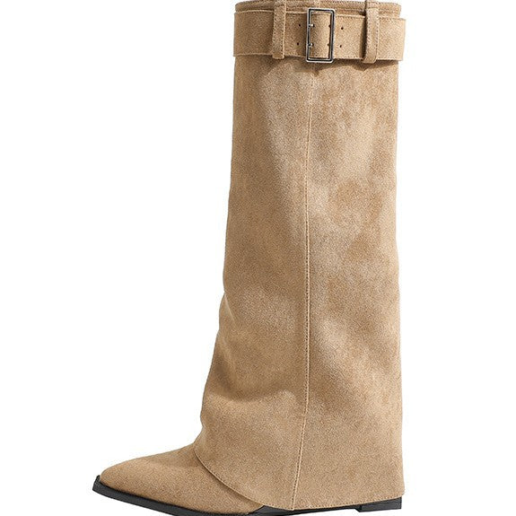 Women's Version Pointed Hot Style White Belt Buckle Wedge Skinny Pants Women's Leather Boots