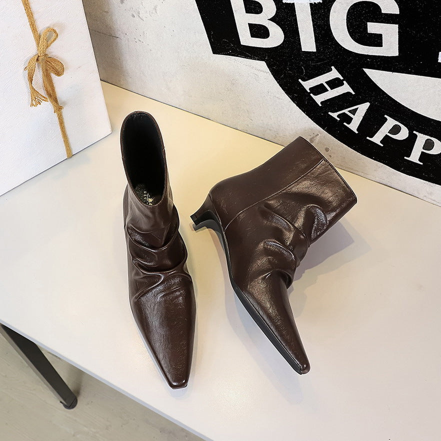 Women's Retro Fashion Stiletto Short Tube Pleated Women's Leather Boots
