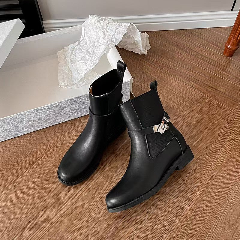 Women's Height Increasing Insole Chunky Martin Belt Buckle Black Round Heels