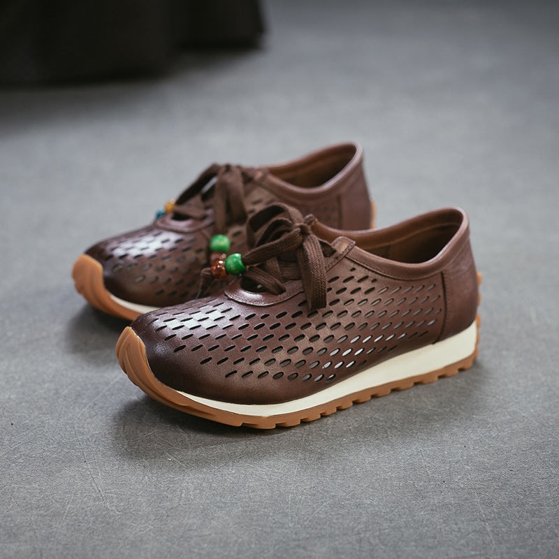 Women's Laser Punching Breathable Pumps First Layer Cowhide Artistic Women's Casual Shoes