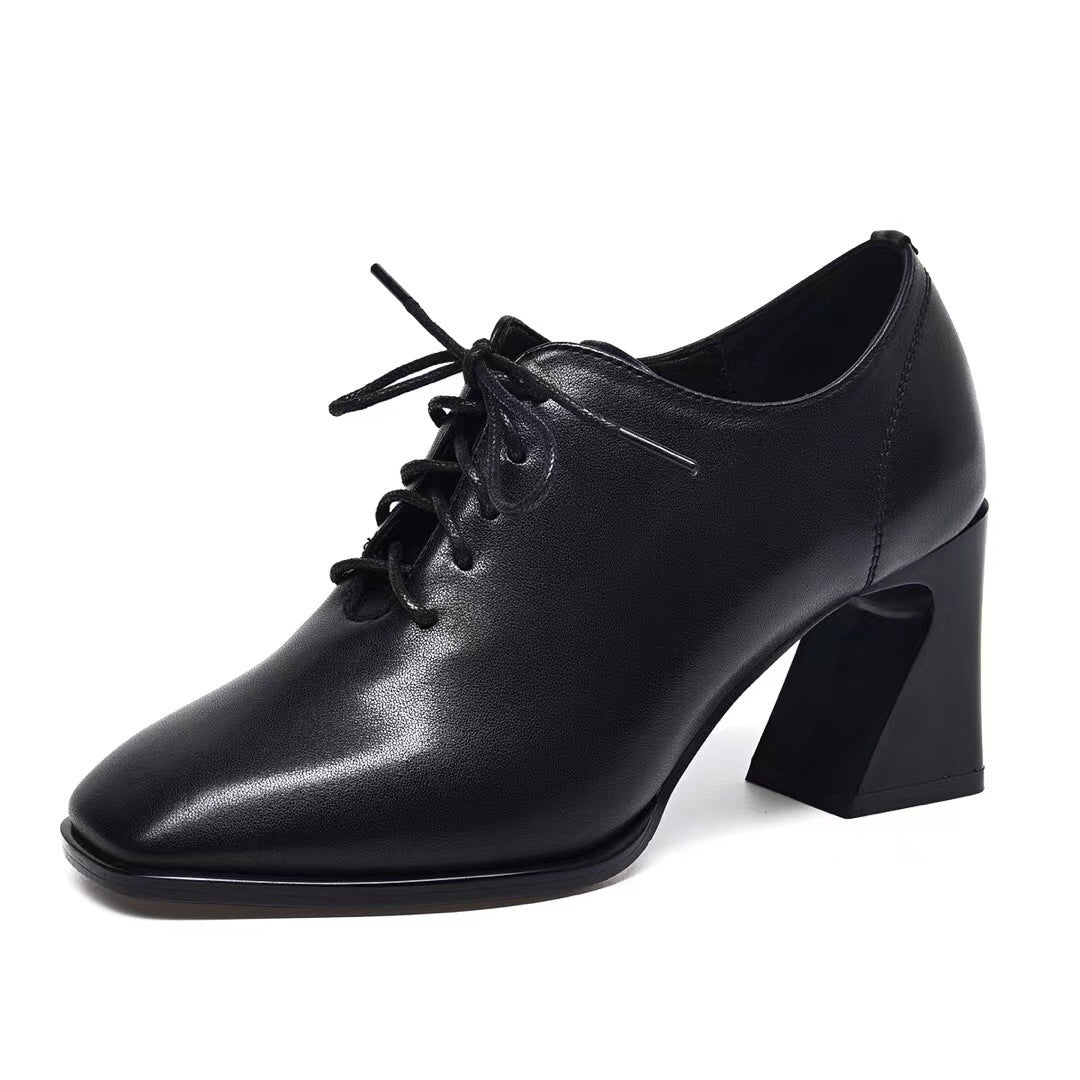 Women's Black Professional Square Toe Laces Mid Deep Women's Fashion Shoes