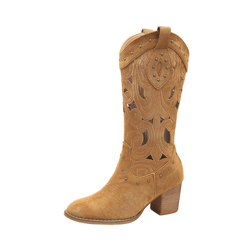 Women's Hollow Booties Rivet Retro Ethnic Style Thick Bottom Motorcycle Chunky Women's Leather Boots