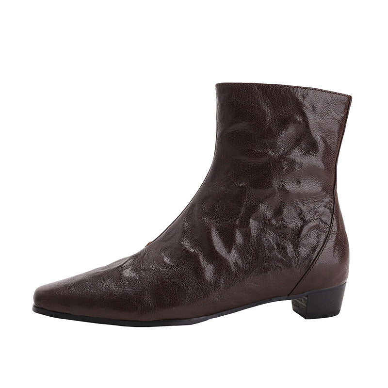 Women's Retro Low Square Toe Booties Pleated Sheepskin Women's Leather Boots
