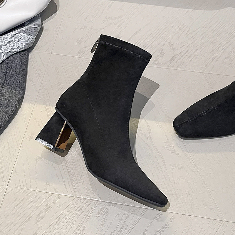 Women's French Retro Cashmere Stitching Square Toe High Short Thick Women's Leather Boots