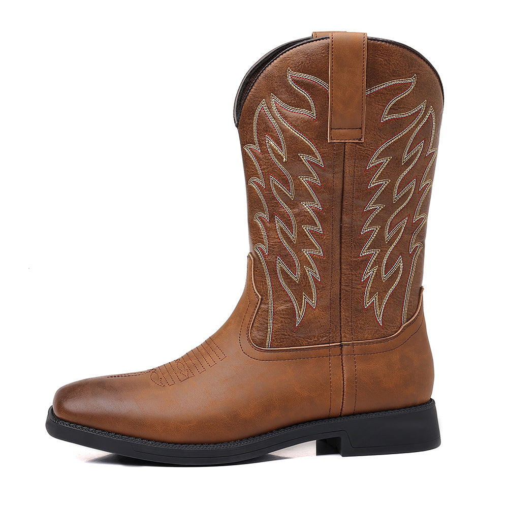 High Embroidered Retro Wide Head Western Cowboy Bags Packaging Men's Leather Boots