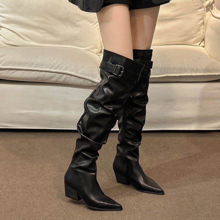 Over The Knee Large Tube Circumference Pile Style Pleated High Heels