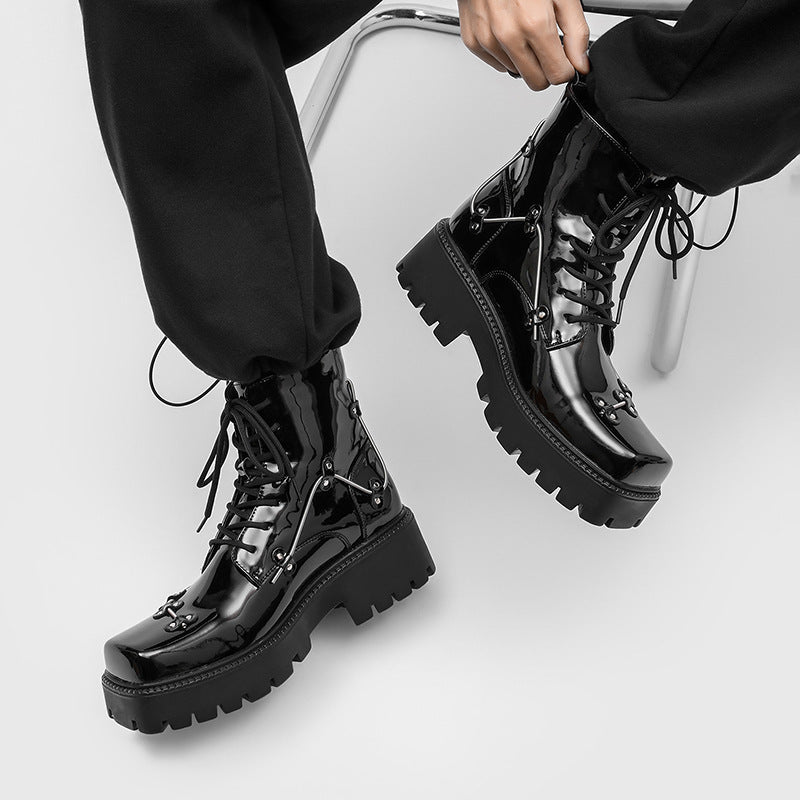 Men's British Style Niche Square Toe Handsome Short Platform Motorcycle Red Men's Martin Boots