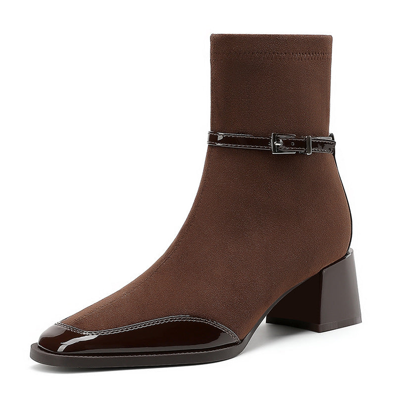 Women's Red Cashmere Stitching Square Toe Booties Chunky High Skinny Joker Heels