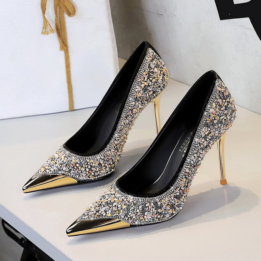 Women's Stiletto Rhinestone High Metal Pointed Low-cut Slip-on Crystal Women's Fashion Shoes