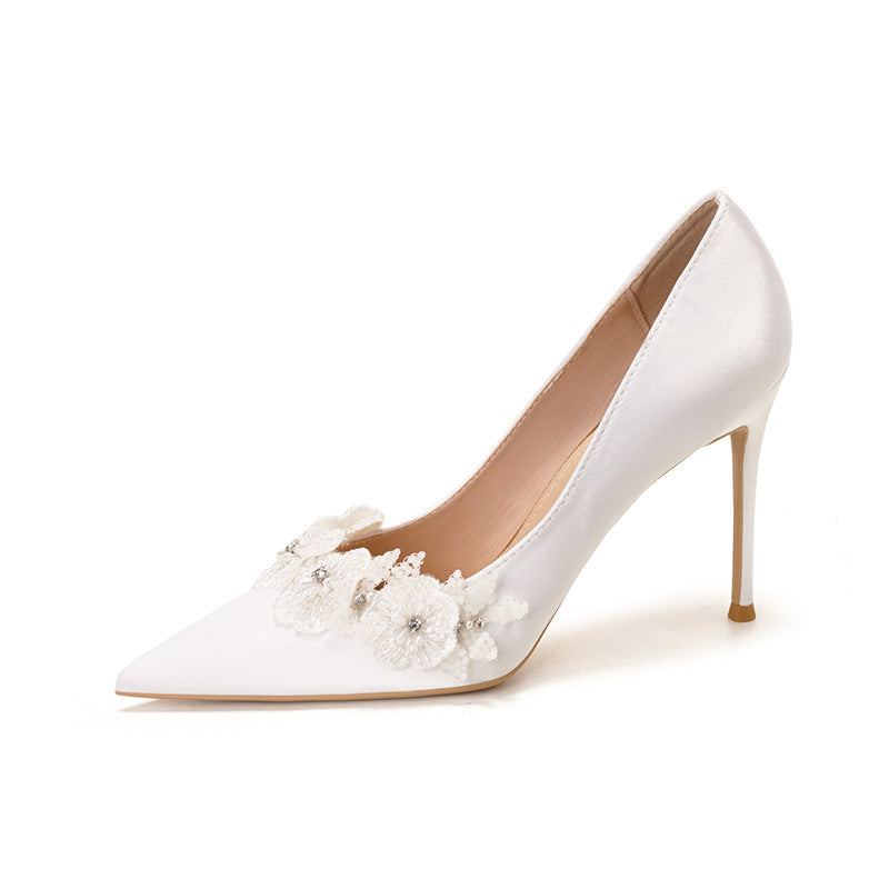 Women's Stiletto Pointed Low-cut White Flower Satin Bridal Women's Fashion Shoes