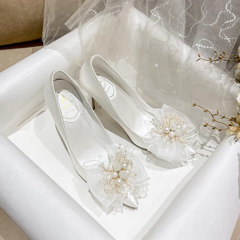 Women's Sweet Bow Bridal White Wedding Dress Champagne Bridesmaid Heels