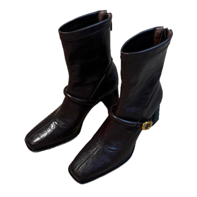 Back Zipper High Square Toe Vintage Fashion Female French Women's Leather Boots