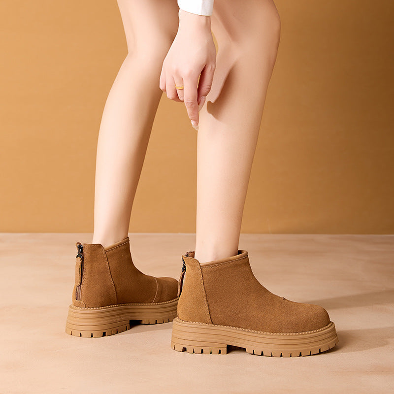 Women's Winter Vintage Fleece-lined Warm Side Zipper Frosted Cowhide Platform Women's Leather Boots