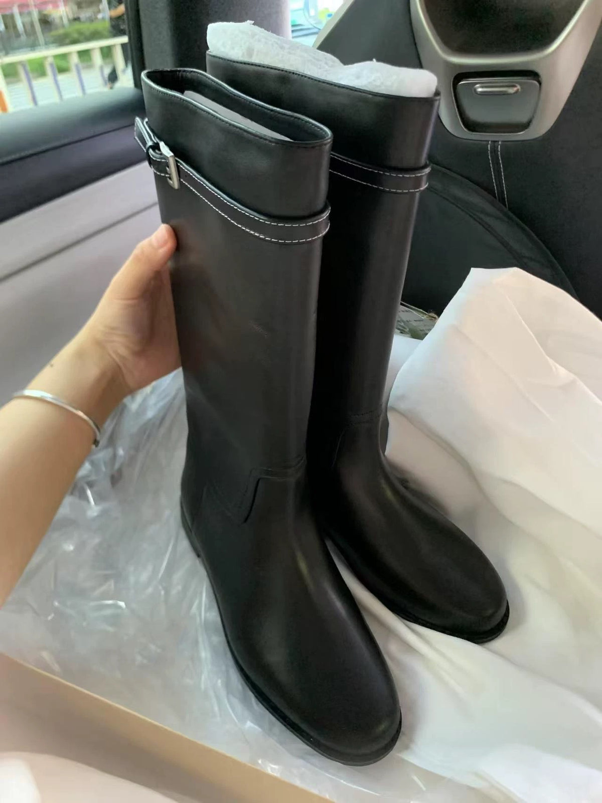 Women's Cowhide Version Round Head Chunky Wide Tube Western Women's Leather Boots