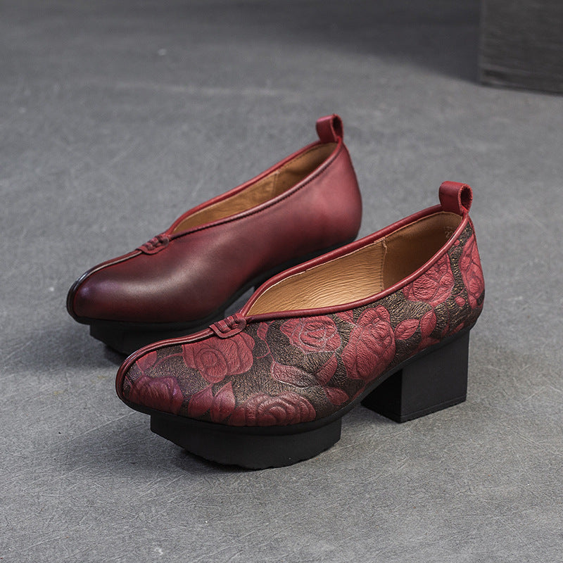 Women's Style Traditional Chunky Pumps First Layer Cowhide Embossed Women's Casual Shoes