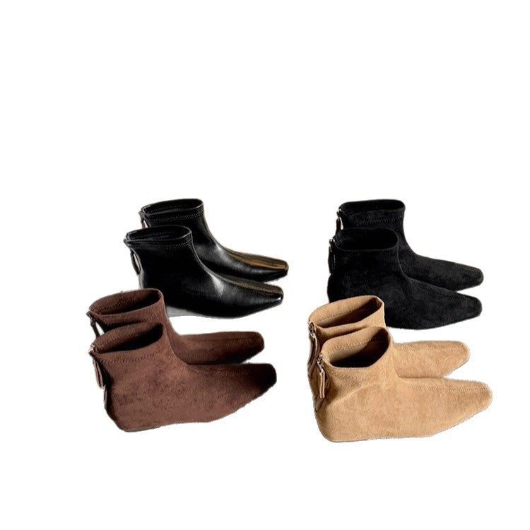 Increasing Insole Minimalist Square Toe Back Zipper Thin Booties Female Women's Leather Boots