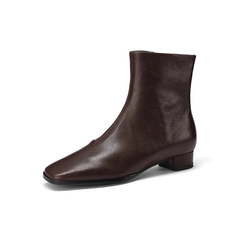 Women's Black Retro Ankle French Square Toe Chunky Women's Leather Boots