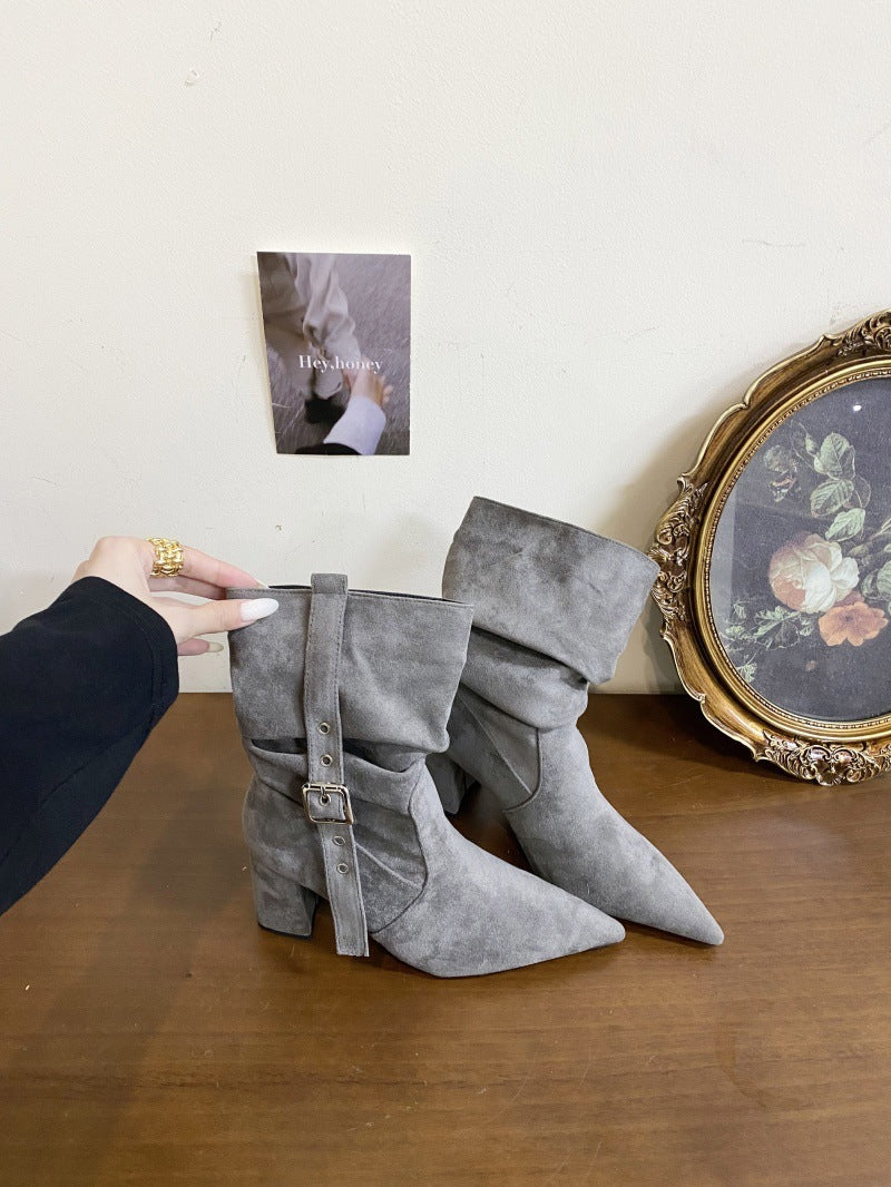 Version Western Cowboy Rivet Pointed Toe Chunky Knight Women's Leather Boots