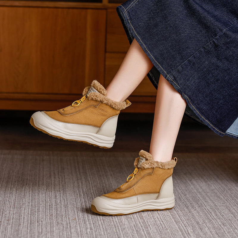 Cowhide Retro Platform Ankle Front Zipper Boots
