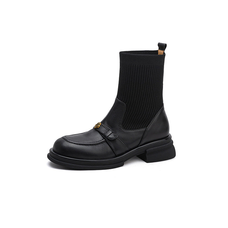 Women's British Style Skinny Knitted Elastic Socks Women's Leather Boots