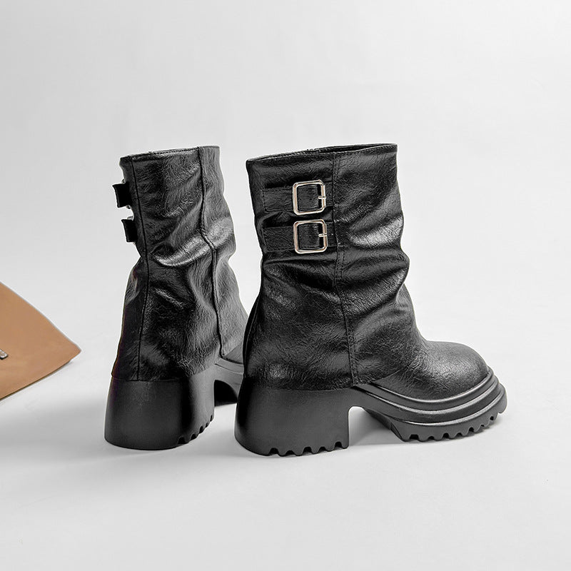Women's Small Size Western Denim Riding Height Increasing Insole Platform Pleated Women's Leather Boots