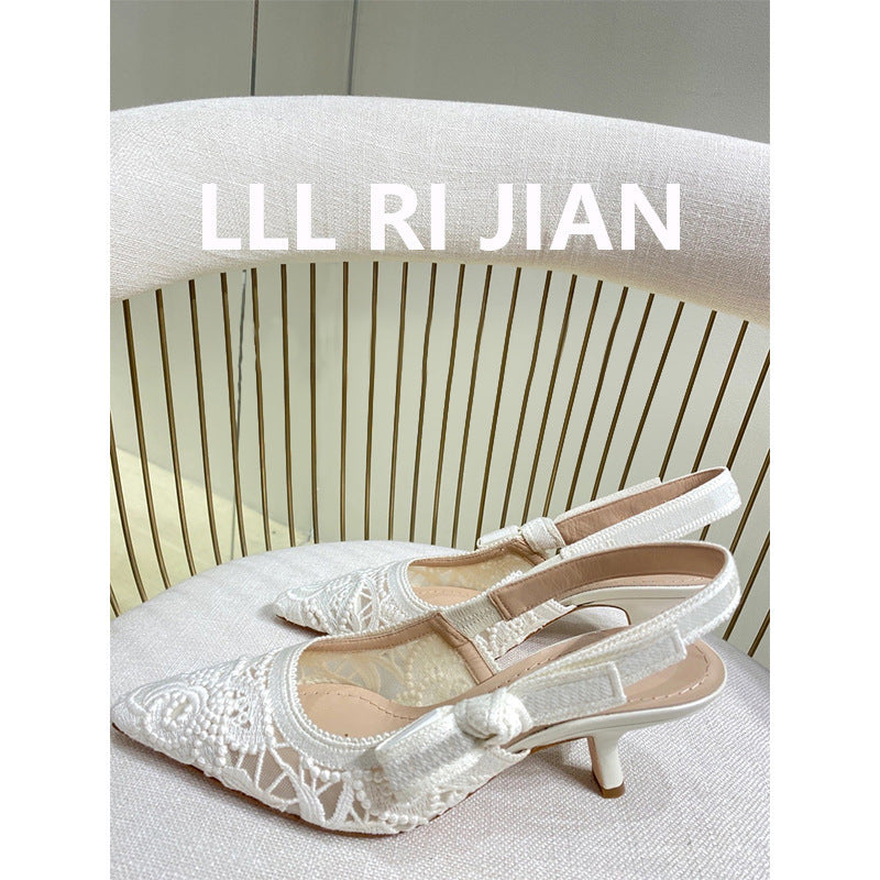 Women's Lace Embroidered Toe Box Mid Kitten High Heeled Sandals