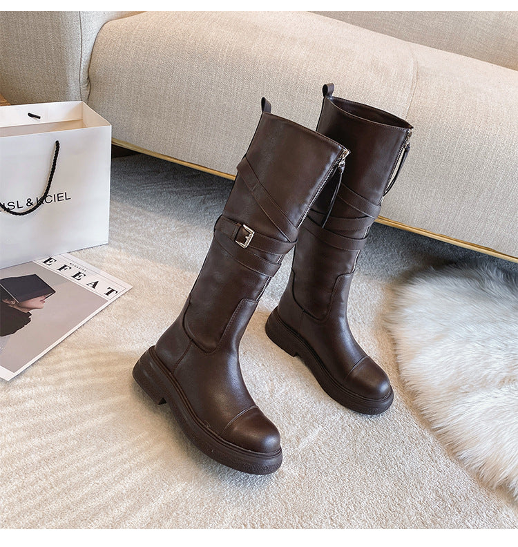 Female Front Zip Platform Below The Knee Biker Fat High Women's Leather Boots