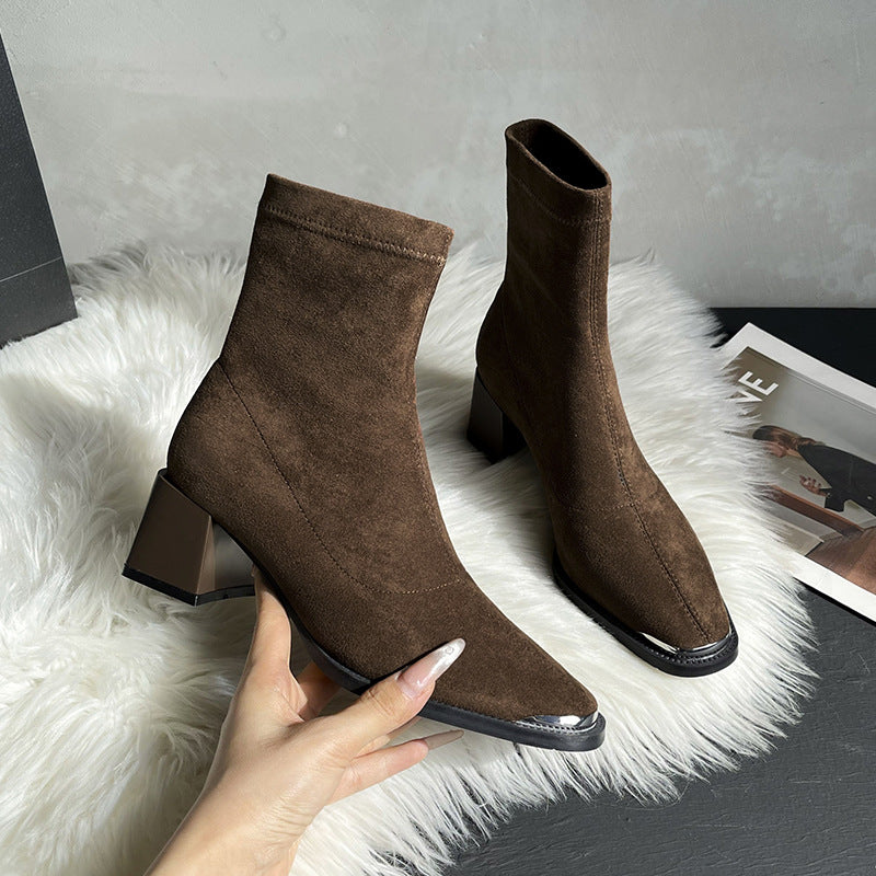 Women's Stitching Square Toe Booties Chunky High Skinny Joker Martin Boots