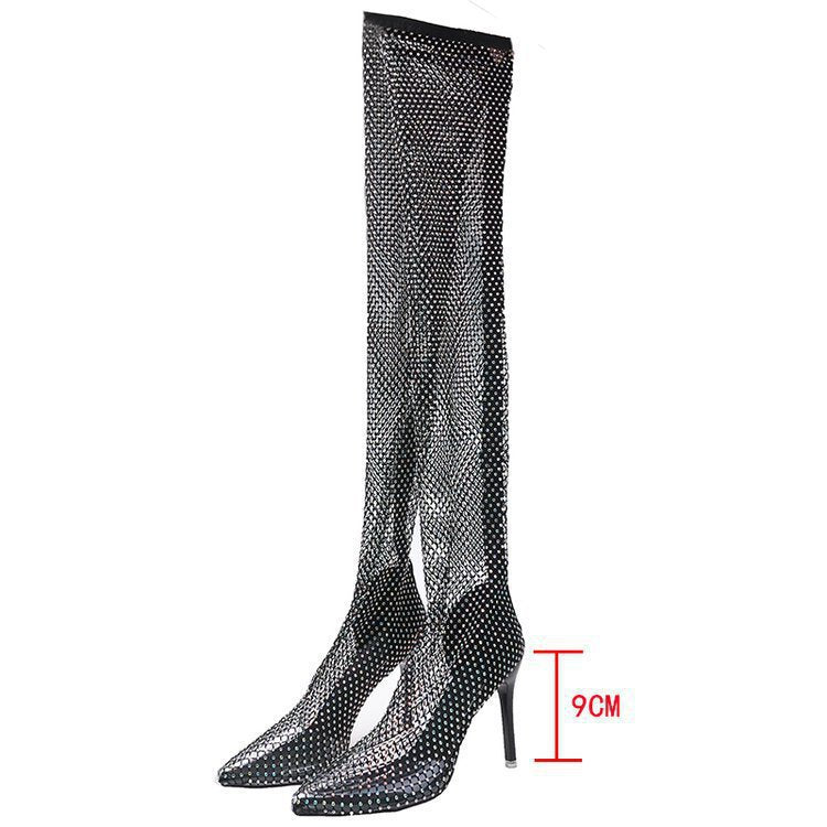 Summer Pointed Toe Over The Knee Hollow Jeweled Women's Leather Boots