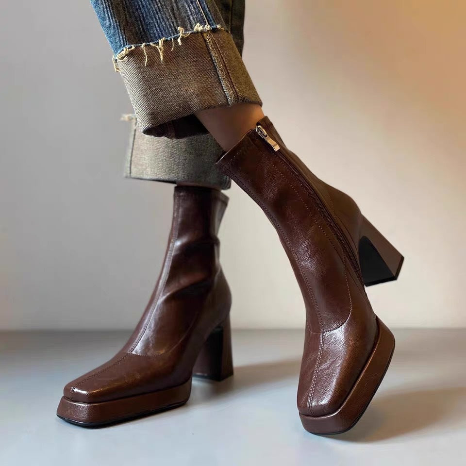 Women's High Small Waterproof Platform Thick Chelsea French Style Boots