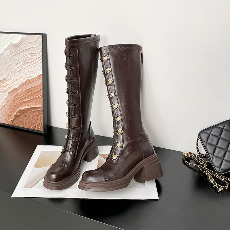 British Badge Below The Knee Long Women's Leather Boots