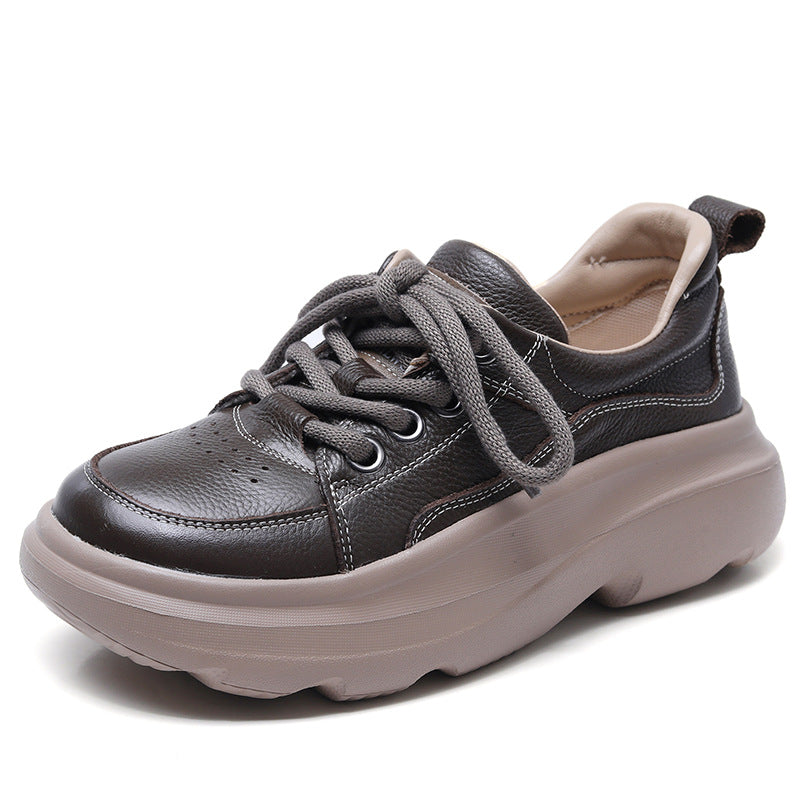 Women's First Layer Cowhide Platform Pumps Spring Soft Bottom Wild Round Women's Casual Shoes