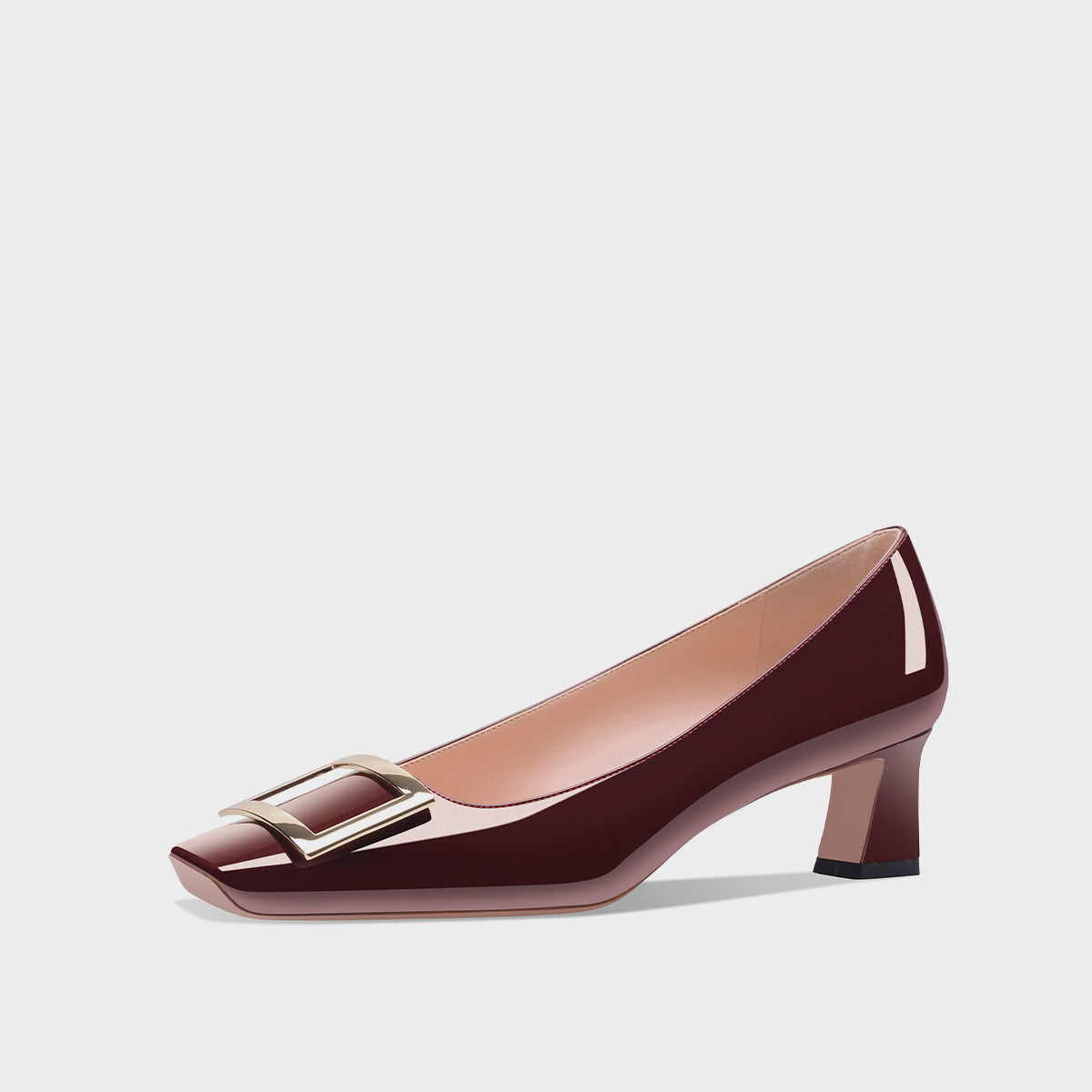 Patent Square Buckle Chunky Wine Glass Shallow Mouth Pumps Red Heels