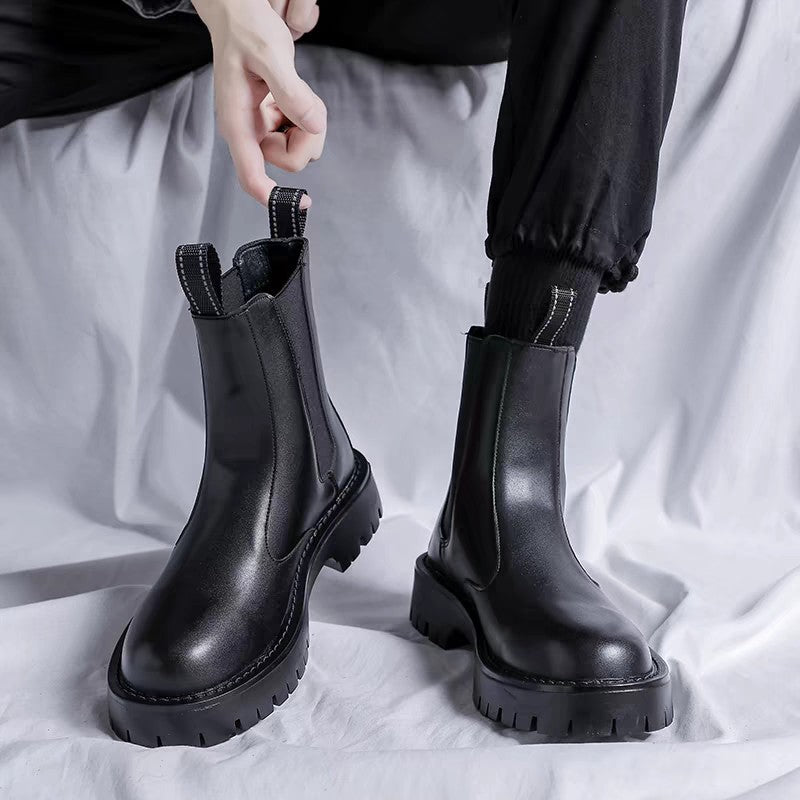 Men's Chelsea Winter Mid Black British Style Men's Leather Boots