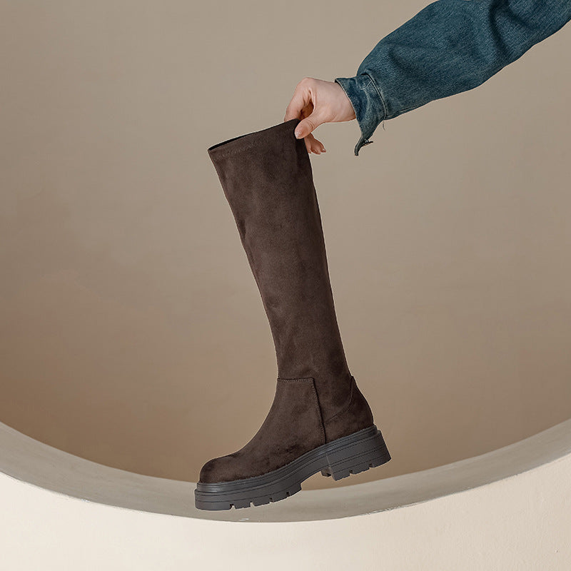 Suede Stretch Skinny Below The Knee Long Women's Leather Boots