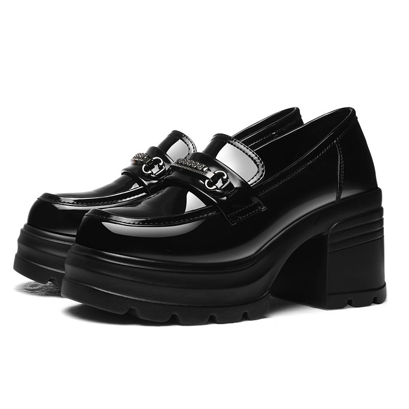 Women's Retro British Style Uniform Pumps Platform Slip-on Leather Shoes