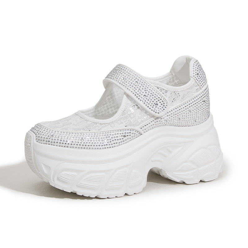 Women's Summer Thick Bottom Height Increasing Insole Mesh Velcro Rhinestone Men's Shoes