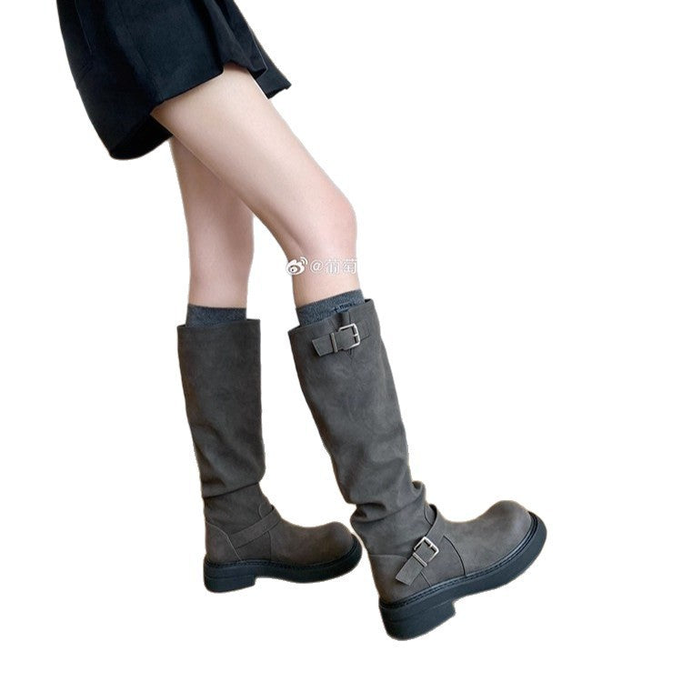 Women's Increased Two Kinds Sock Length Retro Round Head Chunky Buckle Women's Leather Boots