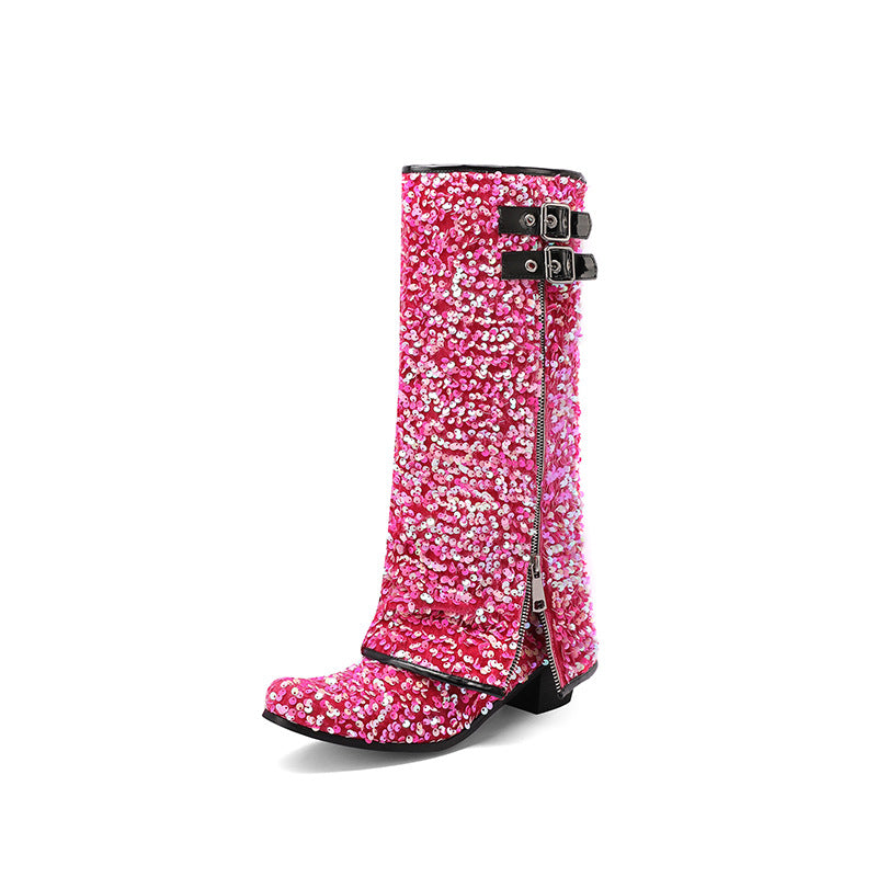 Women's Sequined Zipper Assorted Colors Low High Women's Leather Boots