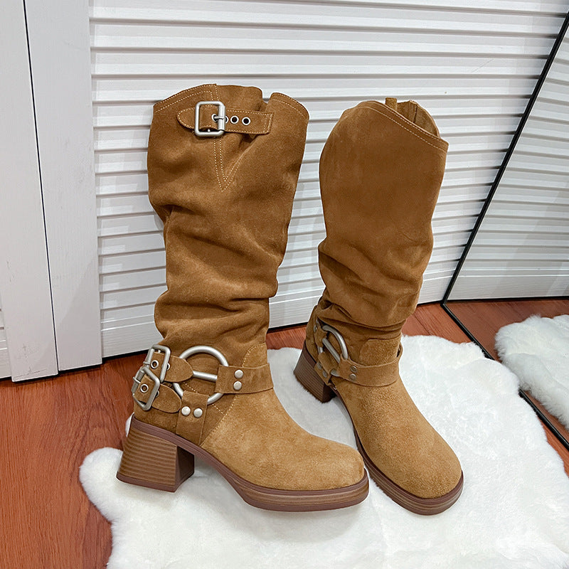 Long Female Chunky High Pile Style Western Cowboy Frosted Women's Leather Boots