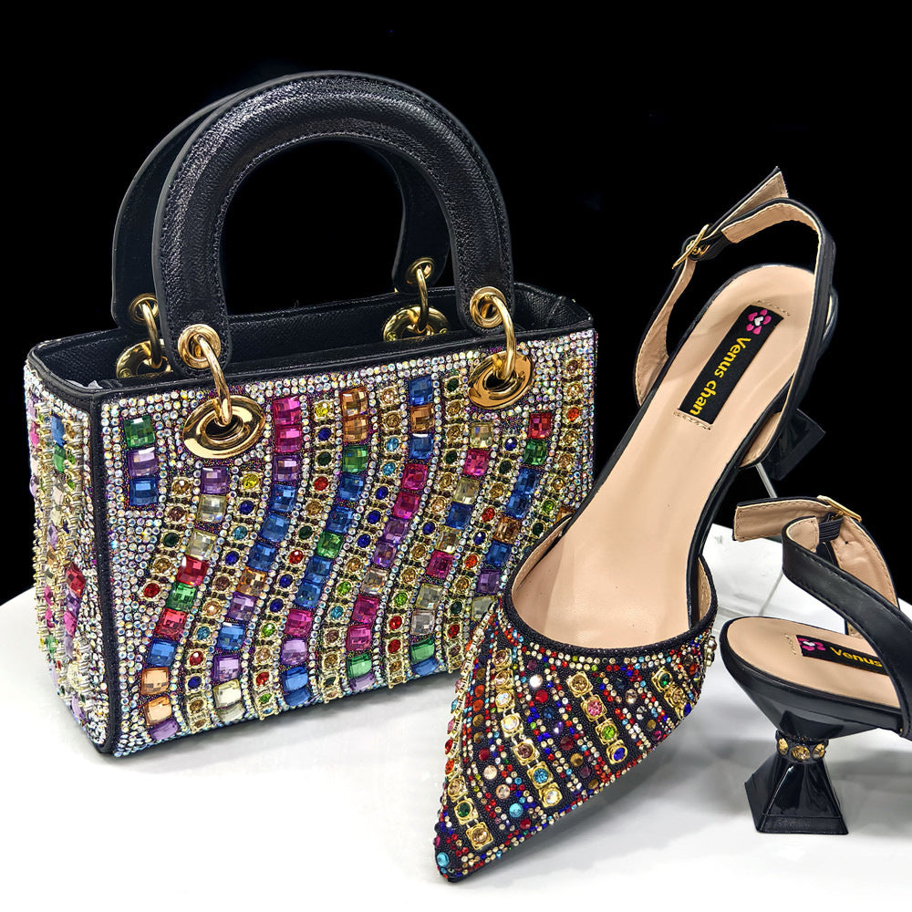 Women's Set Combination Pointed Toe With Square Handbag Wavy Full Men's Shoes