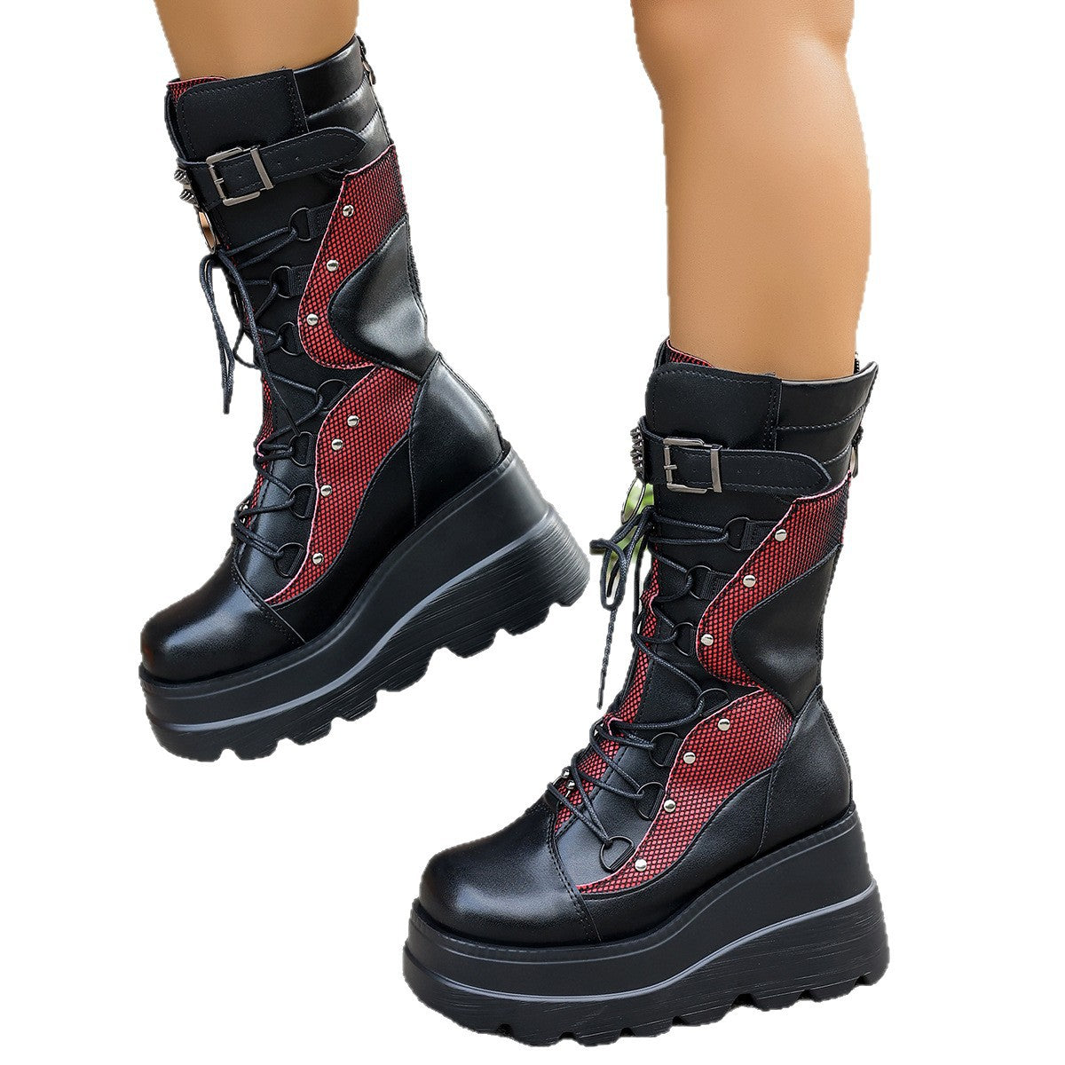 Buckle Strap Thick Bottom Gothic Wedge High Female Women's Leather Boots