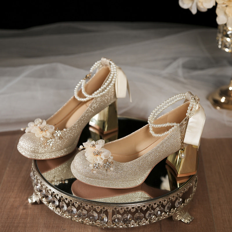 Jane Princess Bridesmaid Flower Pearl Chain Chunky Women's Fashion Shoes